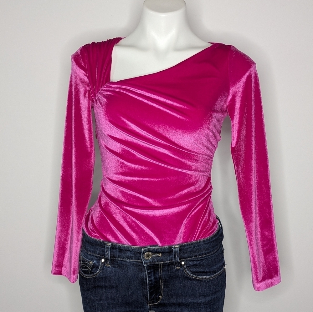 Zara Pink Velvet Long Sleeve Asymmetrical Neck Bodysuit S
